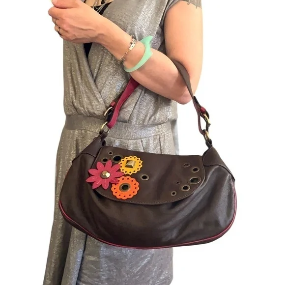 Moschino Cheap and Chic Brown Leather Studded Flower Hobo Handbag Purse - Picture 1 of 11
